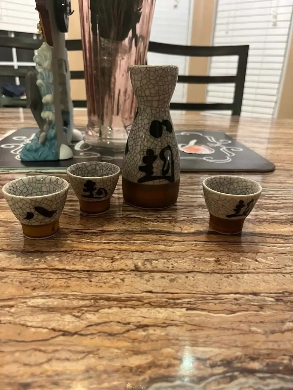 Japanese Ceramic Sake Set with Crackle Glaze and Black Kanji Calligraphy